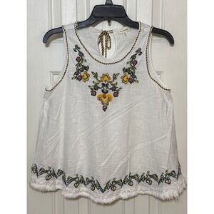 Max Studio Embroidered Tank Top Sleeveless Fringe Hem Boho Festival Size‎ S